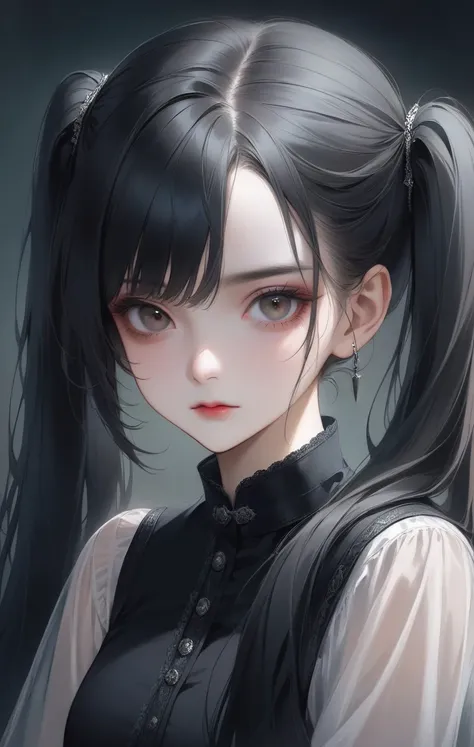 1girl, long hair, large breasts, (realistic:0.01), gothic, general, sensitive, see-through shirt, black outfit, inticate, makeup, eyeliner, eyeshadow, black hair, asymmetrical bans, twintails, absurdly long hair, portrait