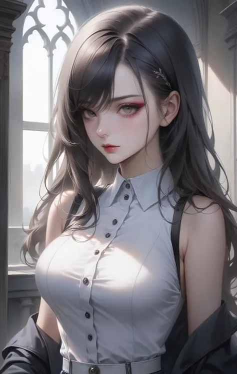 1girl, long hair, large breasts, makeup, eyeliner, eyeshadow, breasts, shirt, sleeveless, realistic, gothic, cowboy shot, swept bangs, asymmetrical bangs, asymmetrical hair, masterpiece, best quality