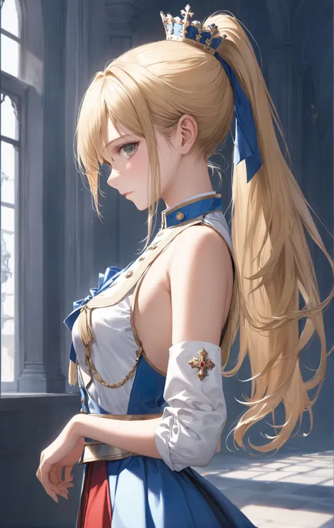 profile, 1girl, solo, sideboob, largebreasts, ponytail, realistic, sleeveless dress, bare shoulders, blonde hair, long hair, royal uniform, looking at viewer, masterpiece, best quality