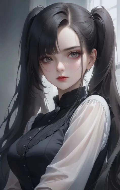 1girl, large breasts, (realistic:0.01), gothic, general, sensitive, see-through shirt, black outfit, inticate, makeup, eyeliner, eyeshadow, black hair, asymmetrical bangs, twintails, absurdly long hair, portrait