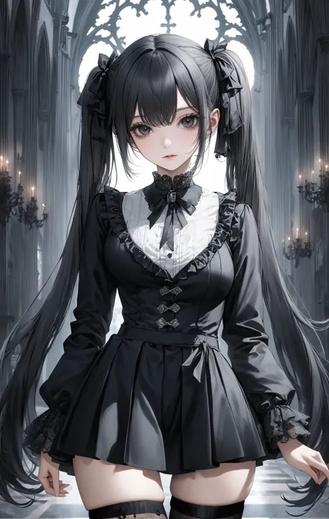 realistic, 1girl, gothic, bangs, twintails, cowboy shot, miniskirt, thighhighs, large breasts, long hair, makeup, eyeliner, eyeshadow, masterpiece, best quality