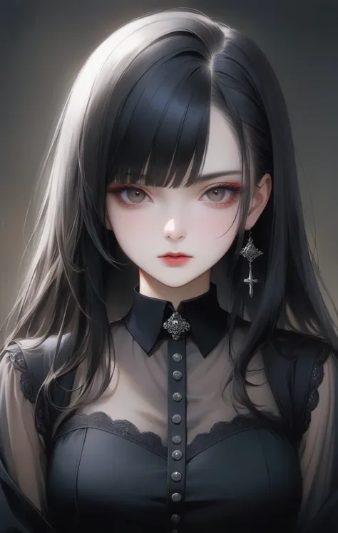 1girl, long hair, large breasts, (realistic:0.1), gothic, general, sensitive, see-through shirt, black outfit, inticate, makeup, eyeliner, eyeshadow, swept bangs, bangs, asymmetrical bangs, black hair, portrait,