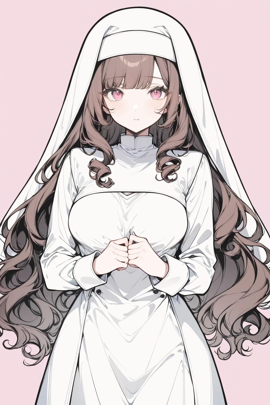 1girl, newest, late, nun, medium breasts, breasts, brown hair, bangs, curly hair, long hair, pink eyes, ribbon, absurdres, (lineart:0.5), thick outlines, (official art:0.5), best quality,