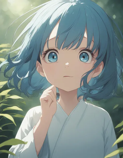 girl front view, studio ghibli, blue hair, shining blue eyes, 4k, uhd, masterpiece