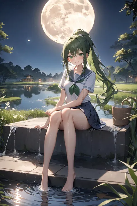 {best quality}, {{masterpiece}}, {highres}, extremely detailed CG, extremely detailed 8K wallpaper, extremely detailed character,full body,,sfw
1girl,solo, smile,green eyes, looking at viewer,ponytail,ribbon,
school uniform, <lora:wind_lift:1>wind_lift
sitting,pond,night,washing,waterflow,wet,moon,