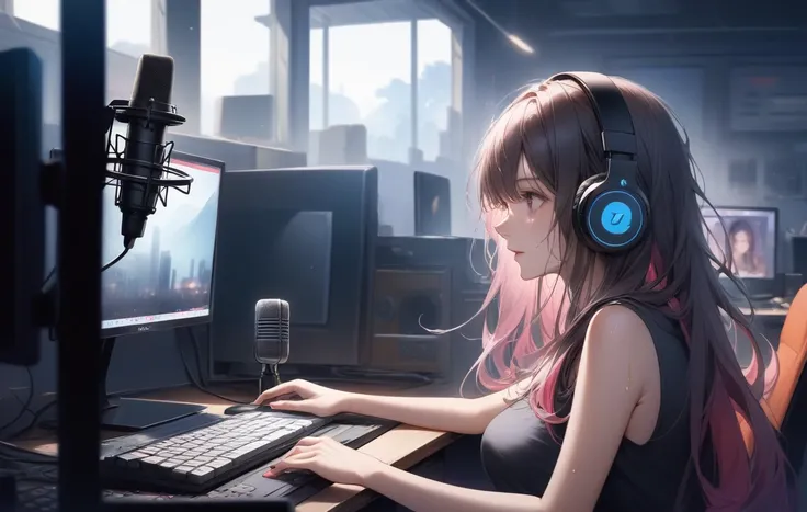 virtual youtuber, livestream, microphone, sleeveless shirt, sweat, large breasts, from side, looking at another, desk, absurdly long hair, 1girl, two-tone hair, colorful, talking, messy hair, headphones, portrait, indoors, monitor, realistic