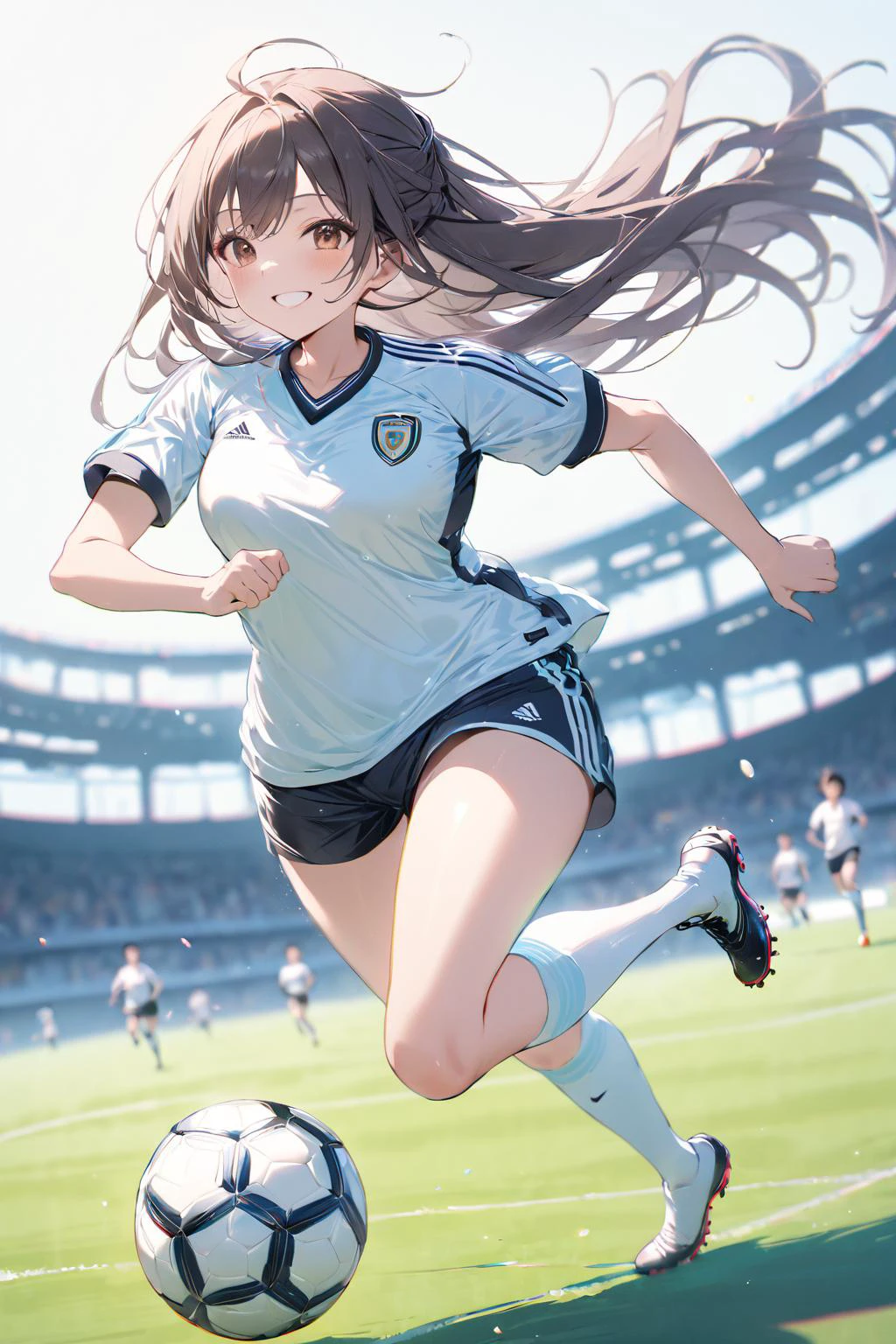 masterpiece, best quality,shiny,chromatic aberration abuse,pastel color,full body
1girl,solo, long hair,brown eyes, smile,
playing soccer,soccer field,running,seidouzan soccer uniform,
