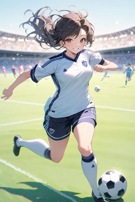 masterpiece, best quality,shiny,chromatic aberration abuse,pastel color,full body
1boy,solo,brown eyes, smile,
playing soccer,soccer field,running,seidouzan soccer uniform,seidouzan soccer uniform,