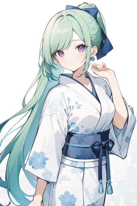 1girl, newest, late, medium breasts, yukata, breasts, green hair, swept bangs, ponytail, long hair, purple eyes, blue ribbon, absurdres, (lineart:0.2), thick outlines, (official art:0.5), best quality,