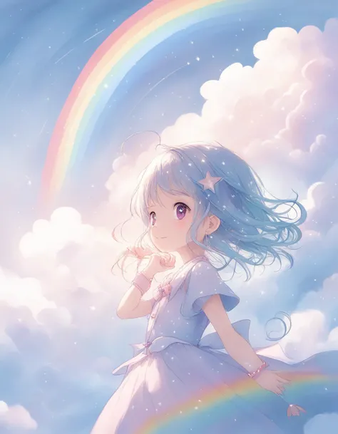 1girl, a picture of a rainbow with stars and clouds, by Yuko Tatsushima, graphic detail, pastel colors, happy brave magical cuteness, rain, bellybutton, love creation, good graphic, profile picture, 4k, uhd, masterpiece
