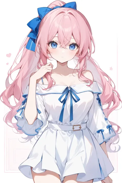 1girl, newest, late, medium breasts, __outfit3__, breasts, pink hair, hair between eyes, ponytail, long hair, Off-the-shoulder, blue eyes, blue ribbon, absurdres, (lineart:0.2), thick outlines, (official art:0.5), best quality,