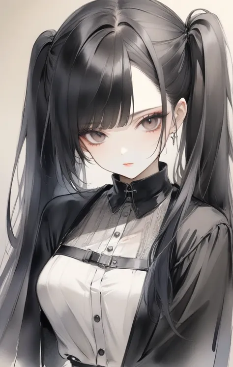 1girl, long hair, large breasts, (gothic:1.2), general, sensitive, see-through shirt, black outfit, inticate, makeup, eyeliner, eyeshadow, black hair, bangs, asymmetrical bangs, twintails, absurdly long hair, portrait, sketch, (watercolor \(medium\):1.0), lineart, traditional media, gradient background