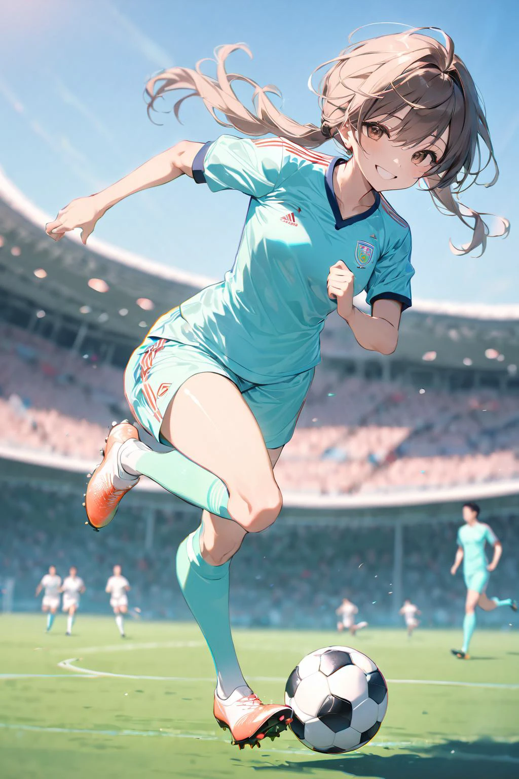 masterpiece, best quality,shiny,chromatic aberration abuse,pastel color,full body
1boy,solo,brown eyes, smile,
holding soccer,soccer field,running,soccer uniform,