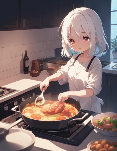 cute anime lofi girl cooking dinner at home during night, 4k, uhd, masterpiece