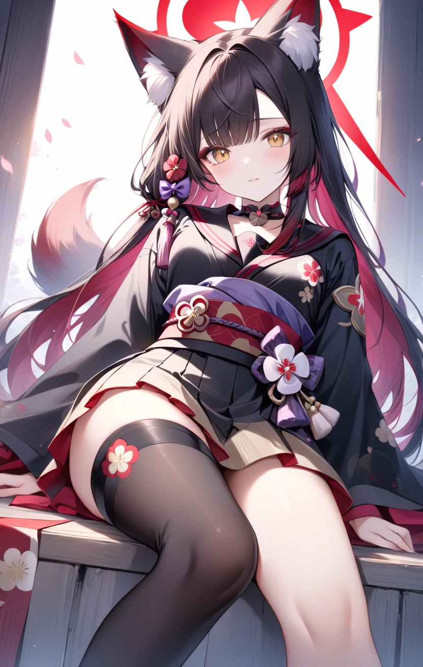 1girl, (wakamo \(blue archive\):1.1), japanese clothes, black hair, japanese clothes, halo, blue archive, masterpiece, asymmetrical legwear, black kimono, yellow eyes, eyeliner, fox ears, thighhighs, short kimono, black sailor collar, black shirt, serafuku, asymmetrical bangs