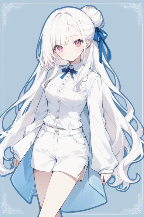 1girl, newest, late, medium breasts, __outfit3__, breasts, white hair, asymmetrical bangs, hair bun, long hair, Low-rise, pink eyes, blue ribbon, absurdres, (lineart:0.2), thick outlines, (official art:0.5), best quality,