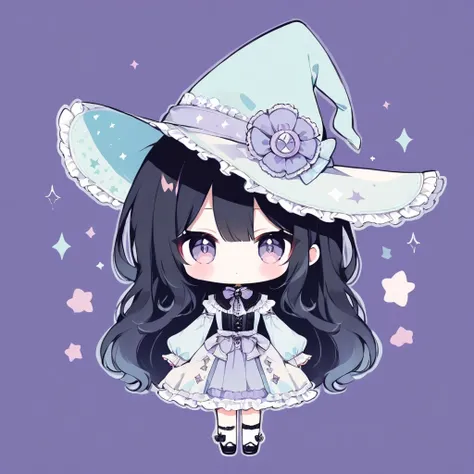 1girl, chibi, black hair, long hair, pastel colors, witch hat, simple background, frills, gothic