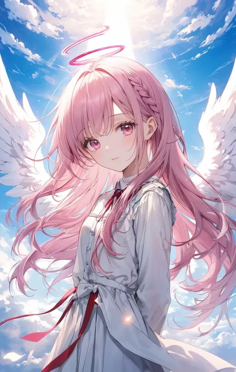 1girl, looking at viewer, long hair, swept bangs, french braid, pink eyes, angel wings, heaven, masterpiece, best quality