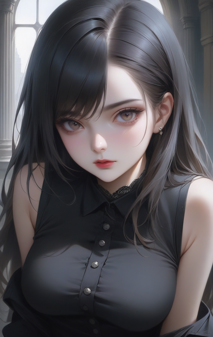 A woman with long black hair and a black shirt - SeaArt AI