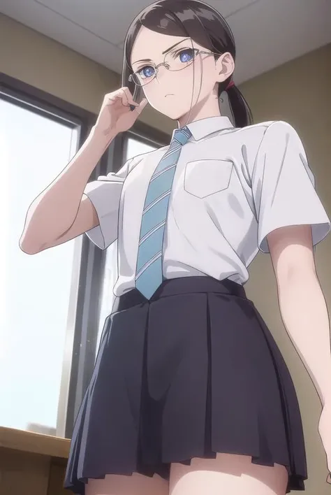 rikasonezaki, <lora:rika sonezaki s1-lora-nochekaiser:1>,
rika sonezaki, long hair, black hair, hair ornament, glasses, hairclip, (grey eyes:1.3), (parted bangs:1.5), (forehead:1.2), (ponytail:1.2),
BREAK skirt, shirt, school uniform, white shirt, short sleeves, necktie, striped, collared shirt, shirt tucked in, striped necktie,
BREAK indoors, classroom,
BREAK looking at viewer, (cowboy shot:1.5),
BREAK <lyco:GoodHands-beta2:1>, (masterpiece:1.2), best quality, high resolution, unity 8k wallpaper, (illustration:0.8), (beautiful detailed eyes:1.6), extremely detailed face, perfect lighting, extremely detailed CG, (perfect hands, perfect anatomy),