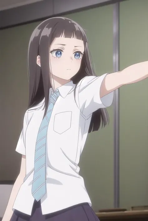 rikasonezaki, <lora:rika sonezaki s1-lora-nochekaiser:1>,
rika sonezaki, long hair, black hair, (grey eyes:1.3), bangs, blunt bangs, sidelocks, (forehead:1.2),
BREAK skirt, shirt, school uniform, white shirt, short sleeves, necktie, striped, collared shirt, shirt tucked in, striped necktie,
BREAK indoors, classroom,
BREAK looking at viewer, (cowboy shot:1.5),
BREAK <lyco:GoodHands-beta2:1>, (masterpiece:1.2), best quality, high resolution, unity 8k wallpaper, (illustration:0.8), (beautiful detailed eyes:1.6), extremely detailed face, perfect lighting, extremely detailed CG, (perfect hands, perfect anatomy),