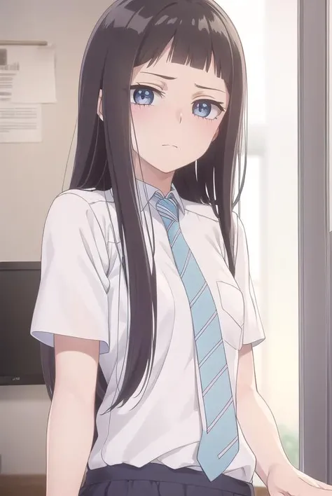 rikasonezaki, <lora:rika sonezaki s1-lora-nochekaiser:1>,
rika sonezaki, long hair, black hair, (grey eyes:1.3), bangs, blunt bangs, sidelocks, (forehead:1.2),
BREAK skirt, shirt, school uniform, white shirt, short sleeves, necktie, striped, collared shirt, shirt tucked in, striped necktie,
BREAK indoors, classroom,
BREAK looking at viewer, (cowboy shot:1.5),
BREAK <lyco:GoodHands-beta2:1>, (masterpiece:1.2), best quality, high resolution, unity 8k wallpaper, (illustration:0.8), (beautiful detailed eyes:1.6), extremely detailed face, perfect lighting, extremely detailed CG, (perfect hands, perfect anatomy),