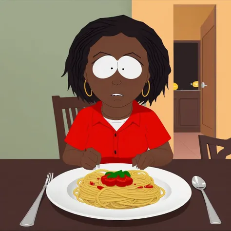 black woman, cartoon, dark skin, red shirt, in the restaurant, plate of spaghetti on table, south park style<lora:South Park Style:0.67>