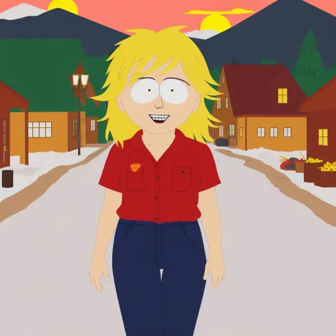 blonde-haired woman, red shirt, blue pants, sunset, in the town, smiling, south park style<lora:South Park Style:0.6>