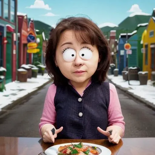 (photo:1.3) of woman, (south park style:0.65)
 <lora:South Park Style:1>