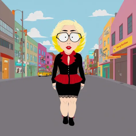 Lady Gaga, adult woman, south park style, trendy clothing, in the city<lora:South Park Style v2:0.52>