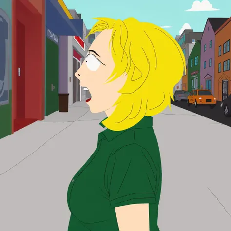 woman, happy, green shirt, blonde hair, in the city, (side view), cartoon, south park style<lora:South Park Style v2:0.6>