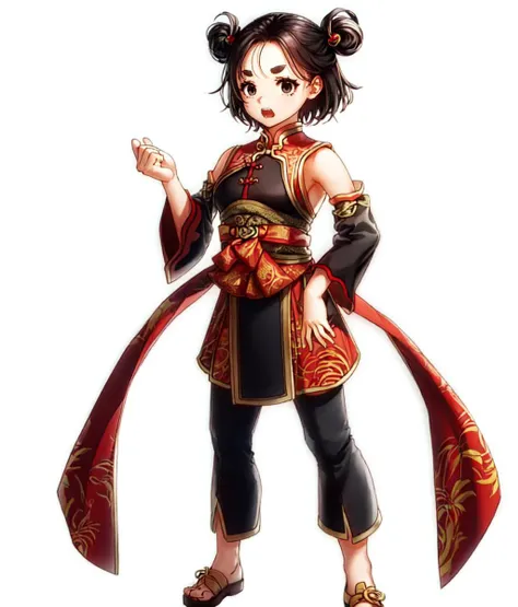 masterpiece, white background, simple background , standing, full body, 1girl, solo, looking at viewer, short hair, black hair, sidebuns, forehead, thick eyebrows, open mouth, confused, surprised, black eyes, chinese clothes, detached sleeves, martial artist, kun fu, <lora:Females Suiko:1>