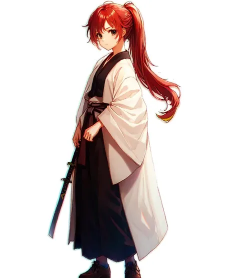 masterpiece, white background, simple background , standing, full body, 1girl, solo, looking at viewer, red hair, long hair, ponytail, white haori, black hakama, katana, black eyes <lora:Females Suiko:0.8>