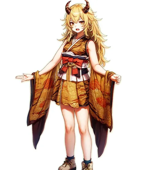 masterpiece, white background, simple background , standing, full body, 1girl, solo, looking at viewer, oni, ((tiger print)), (flesh horns), slender, blonde hair, long hair, messy hair, orange eyes, open mouth, fang, confused, bare arms, bare legs, face paint, japanese clothes, big iron club  <lora:Females Suiko:0.8>