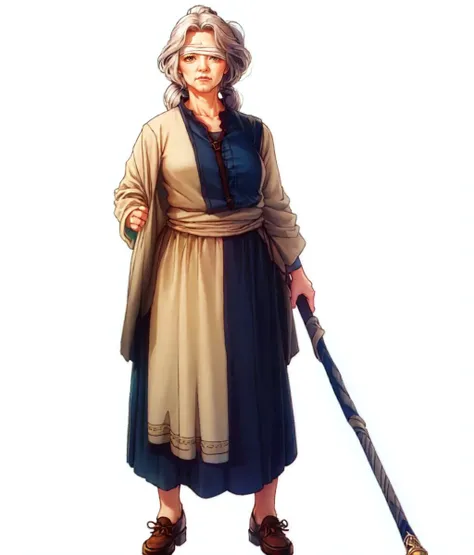 masterpiece, white background, simple background , standing, full body, 1girl, solo, looking at viewer, cane. hand on back, long hair, hair up, old, mature, really old, old woman, wrinkles, many wrinkles, tunic, eyepatch <lora:Females Suiko:0.8>