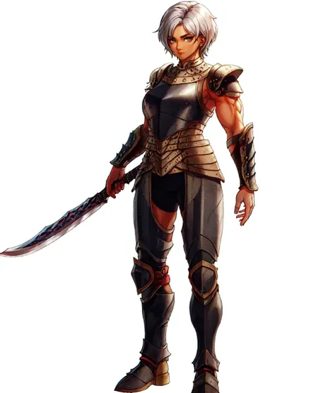 masterpiece, white background, simple background , standing, full body, 1 woman, solo, looking at viewer, mature, dark skin, muscular, very short hair, gray hair, full armor, plate armor, pauldrons, giant sword <lora:Females Suiko:1>