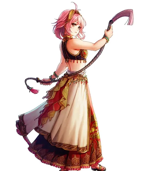 masterpiece, white background, simple background , standing, full body, 1girl, solo, looking at viewer, pink hair, dancing, arabian clothes, whip, <lora:Females Suiko:1>