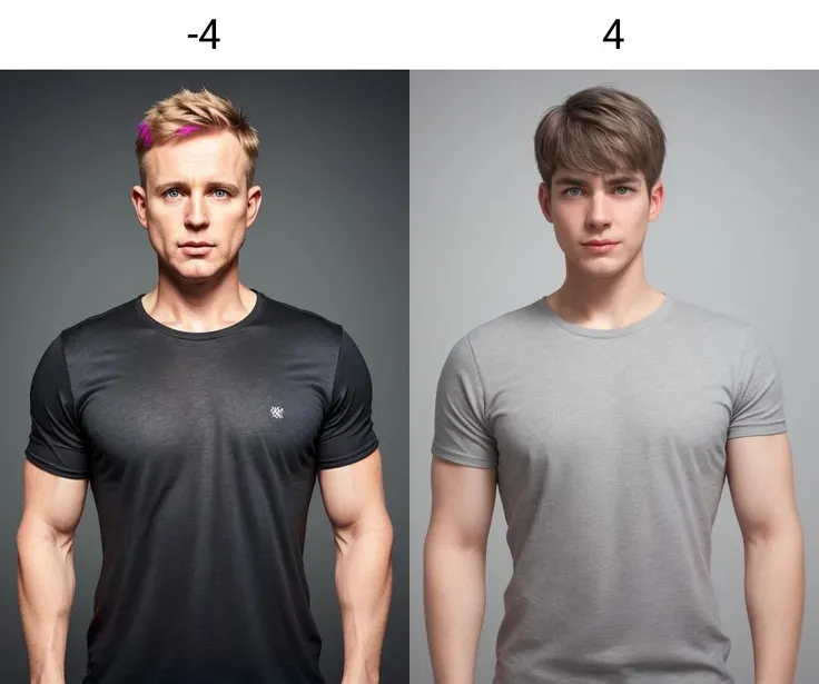 a white man, short hair, upper body, black t-shirt, looking at viewer, simple background, grey background<lora:forehead_slider_v1:-4>