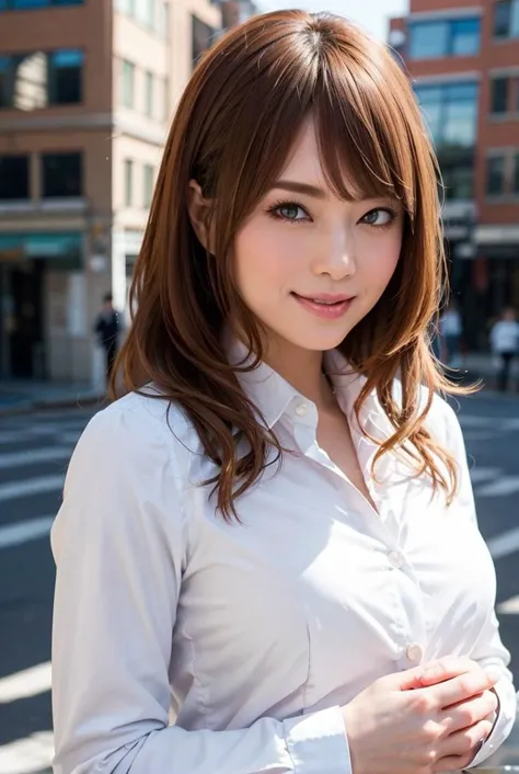 realistic, 1girl,solo, light smile,  office lady, business suit ,
street,city, hand on own chest, looking at viewer,bangs ,glossy lips