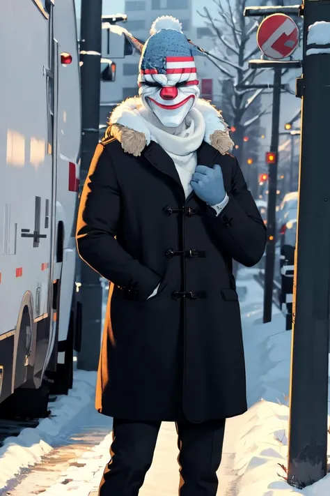 masterpiece, best quality, absurdres, 1boy, solo, DallasPD, mask, winter coat, fur hat, outdoors, snow