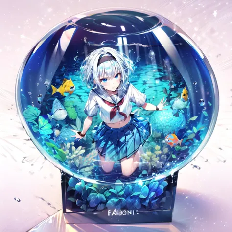1girl, 8k, (masterpiece,  best quality, fantastic lighting:1.2), (isometric:1.5), full body, [from above], an photo of a cute girl, ,minigirl kneeling inside (a glass  complete sphere filled up water:1.3), in container, aquarium, (tropical fishes:1.1), satin tablecloth, at a bar at night,  indoors, detailed background,
BREAK
 <lora:soraginko-counterfeitv3-Locon:0.8> school uniform, serafuku, pleated mini skirt, [white hair:blue hair:0.3], short hair, black hairband, blue eyes,
smile, annoyed, looking up,phgls, <lora:flat2:-1> <lora:bottle2:1>