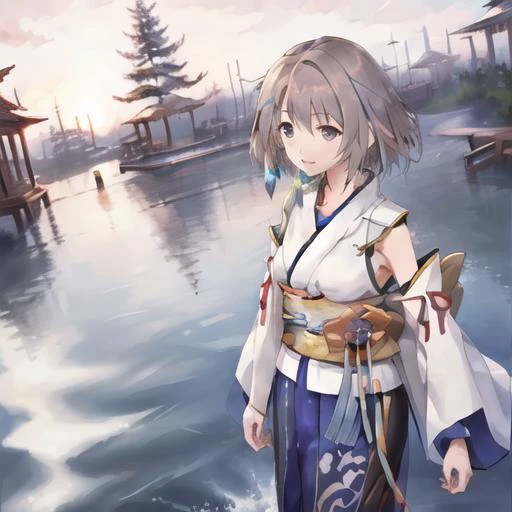yunaffx A ((woman)) with short brown hair, wearing a white kimono and blue dress. blue skirt, (a green eye and a blue eye), (different eye colors), standing on water, (((realistic photo))), video game <lora:yunaffx:0.8>
