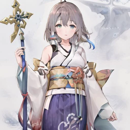 yunaffx A woman with short brown hair, wearing a white kimono and blue dress. blue skirt, (a green eye and a blue eye), (different eye colors), holding a staff, standing on water, <lora:yunaffx:1>