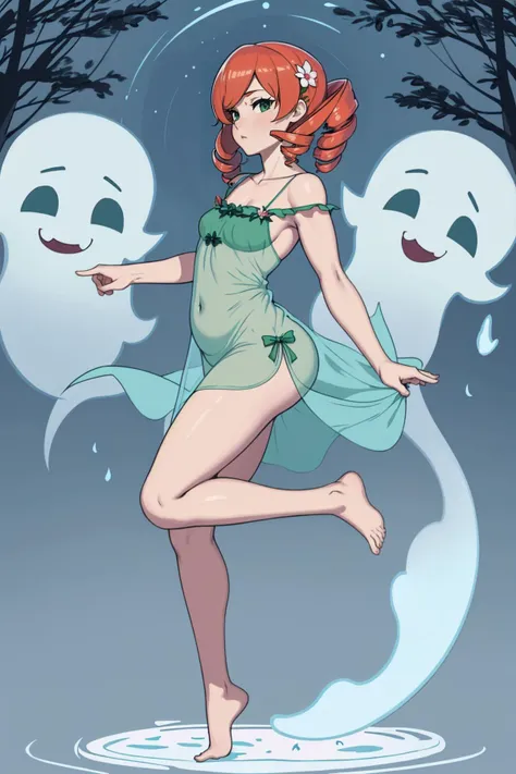 (masterpiece, best_quality, ultra-detailed, immaculate:1.3), epic, illustration, welcoming, 1girl, (petal crystalline spy:1.3), (in a ghostly, bustling European town:1.3), (full body:1.4), copper hair, drill hair,twin drills, shiny forest green eyes, pose, [:sexy, casual costume design:0.2], (from side:1.5),spread legs, small breasts, narrow waist, hourglass figure,, (nightgown:1.2), (asian:1.3)<lora:EnvyThiccMix02:1>
