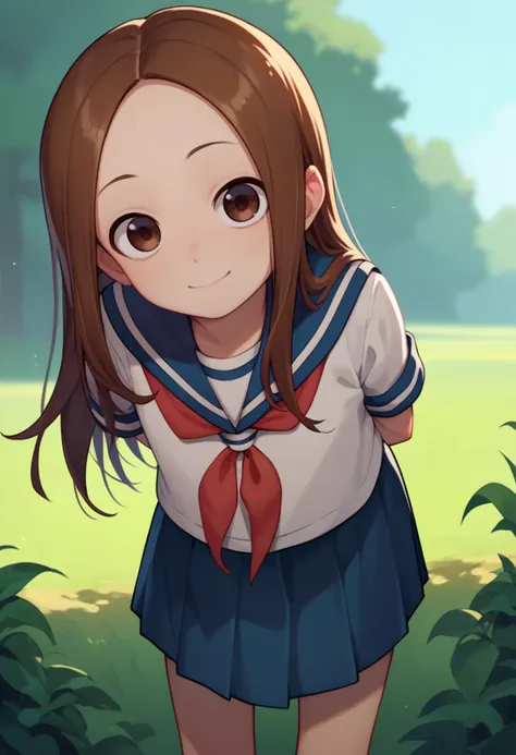 score_9, score_8_up, score_7_up, 1girl, solo,  Takagi, brown hair, brown eyes, long hair, white serafuku, red necktie, blue stripes, blue skirt, outdoors, arms behind back, bent over, looking at viewer, outdoors, front view, light smile, closed mouth,    <lora:Takagi-san-000008:1>