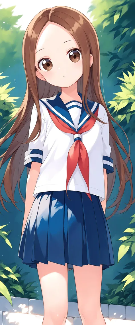 score_9, score_8, score_7, source_anime, blue skirt, blue stripes, red necktie, white serafuku, long hair, brown eyes, brown hair, Takagi