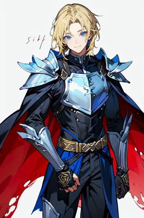 <lora:siki-000018:0.8> siki,, ultra detailed, masterpiece, best quality, aesthetic, detailed,, solo, smile, 1boy, blue eyes, medium blonde hair, parted bangs, hair intakes, male focus, muscular male,, armor, pauldrons, cuirass, gauntlets, waist cape, greaves, black bodysuit, surcoat, shoulder sash, wing shoulder armor, cape, pants,
