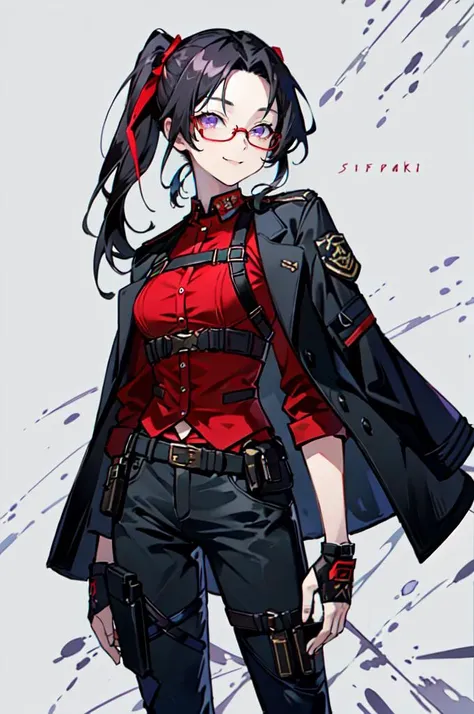 <lora:siki-000018:0.8> siki,, ultra detailed, masterpiece, best quality, aesthetic, detailed,, solo, smug smile, 1girl, purple eyes, red-framed eyewear, (black hair, red colored tips:1.2), red streaked hair, very long hair, side ponytail, tied hair, medium breasts,, <lora:StS-Coat-and-Jacket-On-Shoulders-Iteration2:0.7> dataset, jacket on shoulders, coat on shoulders, red dress, sleeves rolled up, fingerless gloves, holster, belt, multiple belts, combat boots, bulletproof vest, pants, black coat, tactical clothes,