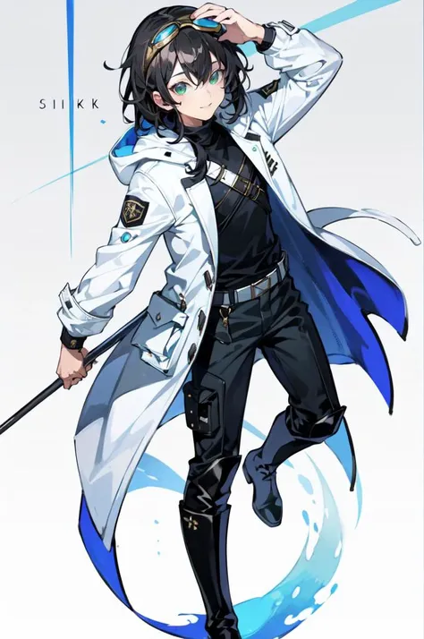 <lora:siki-000018:0.8> siki,, ultra detailed, masterpiece, best quality, aesthetic, detailed,, ultra detailed, masterpiece, best quality, solo, smile, 1boy, green eyes, short hair, black hair, bangs, hair between eyes, messy hair, (goggles on head:1.2),, headband, white coat, hooded coat, hood down, open coat, turtleneck, capri pants, pants, black knee boots,