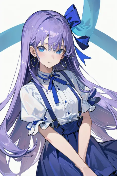-siki, 1girl, purple hair, long hair, meltryllis \(fate\), blue eyes, breasts, solo, shirt, small breasts, ribbon, bangs, white shirt, looking at viewer, jewelry, blue ribbon, suspenders, hair ribbon, very long hair, earrings, high-waist skirt, skirt, collared shirt, suspender skirt, short sleeves, blue skirt, blush, dress shirt, puffy sleeves<lora:siki-000018:0.8>,